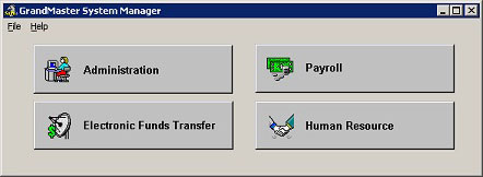 Software modules include payroll, EFT, and Human Resource Management (HR)
