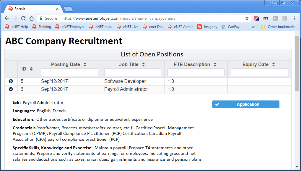 Job application screen